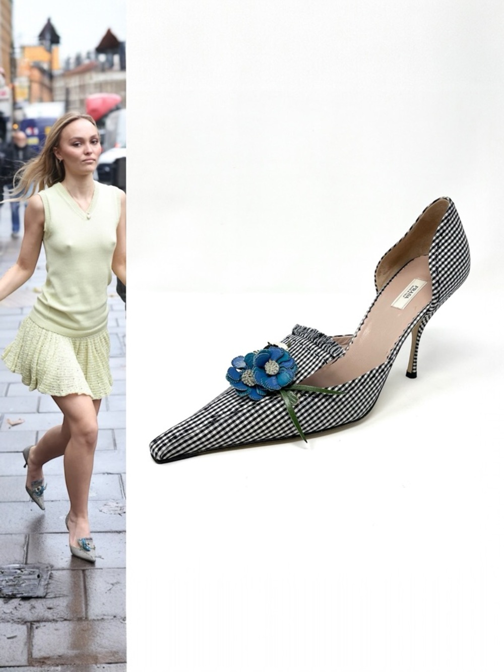 Prada Black & White Gingham Pointed Toe Pump with Blue Flower Accent